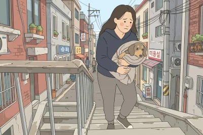아픈 강아지를 안고 계단을 오르내리며 허리 통증을 느끼는 보호자의 모습